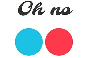 Čierny text Oh no nad dvoma farebnými kruhmi, modrým a červeným, na bielom pozadí