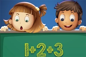 Dvaja kreslení deti nad zelenou tabuľou s matematickým príkladom 1+2+3