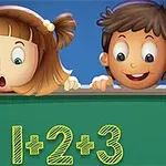 Dvaja kreslení deti nad zelenou tabuľou s matematickým príkladom 1+2+3