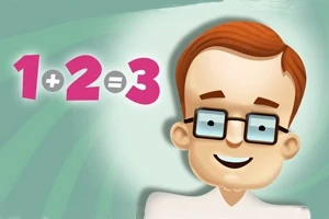 Kreslená postava s okuliarmi a úsmevom vedľa matematického príkladu 1 + 2 = 3 na svetlozelenom pozadí