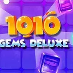 Farebná grafika s nápisom 1010 Gems Deluxe a žiarivými farebnými kockami na fialovom pozadí
