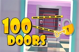 Farebný nápis „100 Doors“ vedľa zamknutých dverí s varovnou páskou a mašľou v tvare kľúča