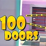 Farebný nápis „100 Doors“ vedľa zamknutých dverí s varovnou páskou a mašľou v tvare kľúča