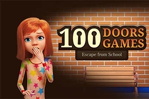 Dievča s červenými vlasmi v pestrofarebnom oblečení stojí pred tehlovou stenou vedľa drevenej lavičky; vedľa je nápis 100 Doors Games: Escape from School