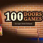 Dievča s červenými vlasmi v pestrofarebnom oblečení stojí pred tehlovou stenou vedľa drevenej lavičky; vedľa je nápis 100 Doors Games: Escape from School