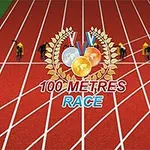 Bežci pripravení na štart na atletickej dráhe s nápisom 100 Metres Race a obrázkami medailí