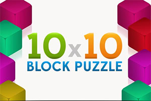 Farebné trojrozmerné kocky v rohoch okolo nápisu „10 x 10 BLOCK PUZZLE na bielom pozadí