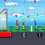 Dvaja pixelovaní futbalisti v červených dresoch a dvaja v modrých na ihrisku s gólovými bránkami, s padajúcimi farebnými konfetami na pozadí s oblohou a oblakmi
