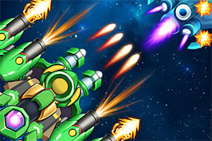 Vesmírna scéna s farebnými loďami strieľajúcimi lasery a rakety v neznámej galaxii