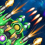 Vesmírna scéna s farebnými loďami strieľajúcimi lasery a rakety v neznámej galaxii