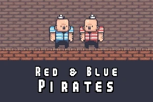 Dvaja pixeloví piráti v modrom a červenom oblečení stojaci na tehlovom pozadí s nápisom Red & Blue Pirates
