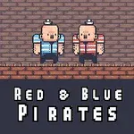 Dvaja pixeloví piráti v modrom a červenom oblečení stojaci na tehlovom pozadí s nápisom Red & Blue Pirates