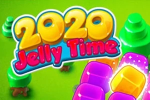 Farebný nápis 2020 Jelly Time s pozadím zelených stromov a želatínových kociek
