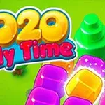 Farebný nápis 2020 Jelly Time s pozadím zelených stromov a želatínových kociek