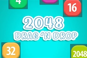 Modrá obrazovka s bielym textom 2048 Drag N Drop a rôznofarebnými číslami v štvorcoch