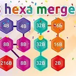 Farebné šesťuholníky s číslami a nápis 2048 hexa merge na pastelovom pozadí s konfetami