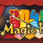 Farebný text Magic hex na pozadí s číslom 2048, ozdobený kúzelnou paličkou a hviezdičkami