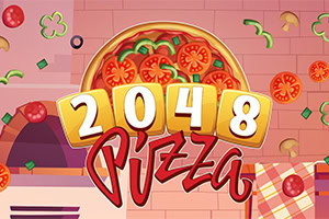 Farebná grafika s pizzou, veľkým nápisom „2048 Pizza a ingredienciami na ružovom pozadí