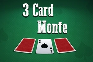Tri hracie karty na zelenom pozadí s textom 3 Card Monte hore