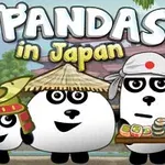 Tri pandy s rôznym japonským oblečením a rekvizitami stoja pred japonskou krajinou