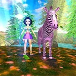 Dievča stojí vedľa zebry v magickej krajine s lesom a lúčmi svetla prenikajúcimi cez stromy