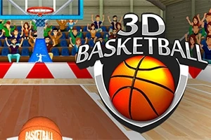 Basketbalový zápas v telocvični s divákmi na tribúne a nápisom 3D Basketball v popredí