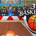 Basketbalový zápas v telocvični s divákmi na tribúne a nápisom 3D Basketball v popredí