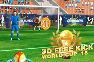 Futbalový hráč v modrom drese pripravuje voľný kop na ihrisku s brankárom a tribúnou v pozadí, prekrýva to nápis 3D Free Kick World Cup 18