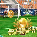 Futbalový hráč v modrom drese pripravuje voľný kop na ihrisku s brankárom a tribúnou v pozadí, prekrýva to nápis 3D Free Kick World Cup 18