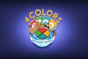 Logo farebnej kartovej hry so štyrmi kartami a ikonickými pamätihodnosťami na modrom pozadí