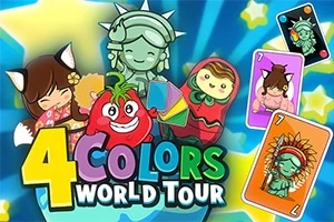 Farebné kreslené postavičky, vrátane Sochy Slobody a usmiatej paradajky, s kartami a nápisom 4 Colors World Tour