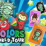 Farebné kreslené postavičky, vrátane Sochy Slobody a usmiatej paradajky, s kartami a nápisom 4 Colors World Tour