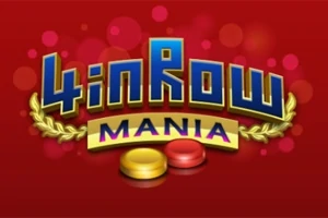 Nápis 4 in Row Mania na červenom pozadí s dvoma žetónmi v popredí