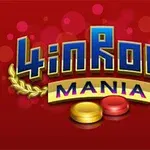 Nápis 4 in Row Mania na červenom pozadí s dvoma žetónmi v popredí