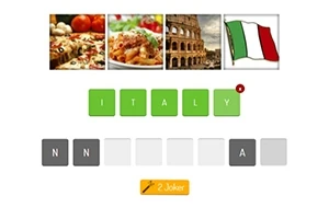 Pizza, špagety, Koloseum a talianska vlajka s hádaním slova ITALY