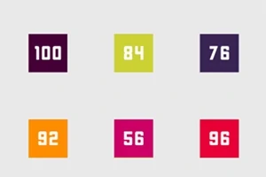Šesť štvorcov rôznych farieb obsahujúcich čísla: 100, 84, 76, 92, 56 a 96
