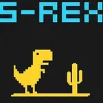 Žltý pixelový dinosaurus vedľa kaktusu na čiernom pozadí s modrým nápisom S-REX hore