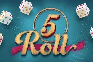 Farebné kocky a výrazný nápis 5 Roll na modrom pozadí s jemnými vzormi