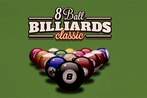 Nápis 8 Ball Billiards Classic nad trojuholníkovým rozostavením farebných biliardových gúľ na zelenom podklade