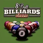 Nápis 8 Ball Billiards Classic nad trojuholníkovým rozostavením farebných biliardových gúľ na zelenom podklade