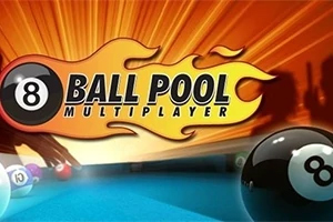 8 Ball Pool Multiplayer Logo a biliardové gule na oranžovom a modrom pozadí s plameňmi