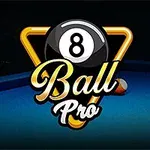 Logo s veľkou bielou osmičkou na čiernej guli nad zlatým trojuholníkom, v pozadí modrý biliardový stôl s farebnými guľami