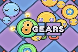 Farebná ilustrácia s veselými tvárami na kruhových objektoch a nápisom 8 GEARS v strede