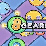 Farebná ilustrácia s veselými tvárami na kruhových objektoch a nápisom 8 GEARS v strede