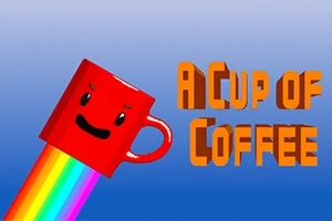 Červený hrnček s tvárou a dúhovým prúdom vedľa veľkého textu A Cup of Coffee na modrom pozadí