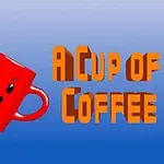 Červený hrnček s tvárou a dúhovým prúdom vedľa veľkého textu A Cup of Coffee na modrom pozadí