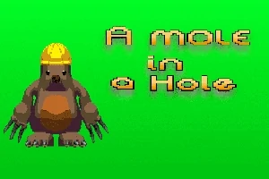 Kreslený krtko s prilbou stojaci vedľa textu A mole in a hole na zelenom pozadí