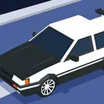 Biele a čierne animované auto s veľkým zadným spojlerom na modrej ceste