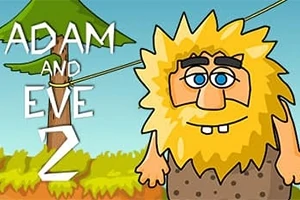 Kreslená postava s blond bradou stojaca pri strome na lúke s modrou oblohou a textom Adam and Eve 2