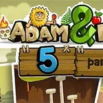 Nápis Adam & Eve 5 part I s kreslenými postavičkami Adama, Evy a niektorými prírodnými prvkami na pozadí